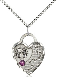 [3207SS-STN2/18SS] Sterling Silver Footprints Heart Pendant with a 3mm Amethyst Swarovski stone on a 18 inch Sterling Silver Light Curb chain