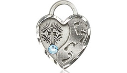 [3207SS-STN3] Sterling Silver Footprints Heart Medal with a 3mm Aqua Swarovski stone