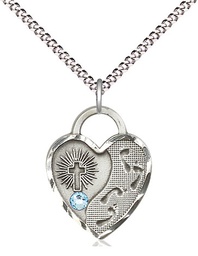 [3207SS-STN3/18S] Sterling Silver Footprints Heart Pendant with a 3mm Aqua Swarovski stone on a 18 inch Light Rhodium Light Curb chain