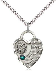 [3207SS-STN5/18S] Sterling Silver Footprints Heart Pendant with a 3mm Emerald Swarovski stone on a 18 inch Light Rhodium Light Curb chain