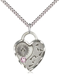 [3207SS-STN6/18S] Sterling Silver Footprints Heart Pendant with a 3mm Light Amethyst Swarovski stone on a 18 inch Light Rhodium Light Curb chain