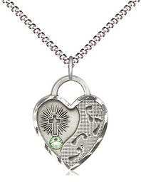 [3207SS-STN8/18S] Sterling Silver Footprints Heart Pendant with a 3mm Peridot Swarovski stone on a 18 inch Light Rhodium Light Curb chain