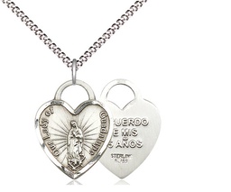 [3209SS/18S] Sterling Silver Our Lady of Guadalupe Heart Recuerdo Pendant on a 18 inch Light Rhodium Light Curb chain