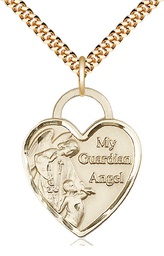 [3302GF/24G] 14kt Gold Filled Guardian Angel Heart Pendant on a 24 inch Gold Plate Heavy Curb chain