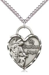 [3302SS/24SS] Sterling Silver Guardian Angel Heart Pendant on a 24 inch Sterling Silver Heavy Curb chain