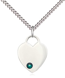 [3400SS-STN5/18S] Sterling Silver Heart Pendant with a 3mm Emerald Swarovski stone on a 18 inch Light Rhodium Light Curb chain