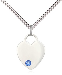 [3400SS-STN9/18S] Sterling Silver Heart Pendant with a 3mm Sapphire Swarovski stone on a 18 inch Light Rhodium Light Curb chain