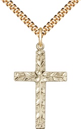 [5921GF/24G] 14kt Gold Filled Cross Pendant on a 24 inch Gold Plate Heavy Curb chain