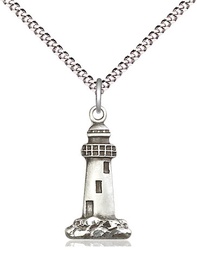 [5922SS/18S] Sterling Silver Lighthouse Pendant on a 18 inch Light Rhodium Light Curb chain