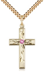 [5924GF-STN10/24G] 14kt Gold Filled Cross Pendant with a 3mm Rose Swarovski stone on a 24 inch Gold Plate Heavy Curb chain
