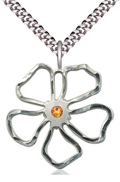 [5109SS-STN11/24S] Sterling Silver Five Petal Flower Pendant with a 3mm Topaz Swarovski stone on a 24 inch Light Rhodium Heavy Curb chain
