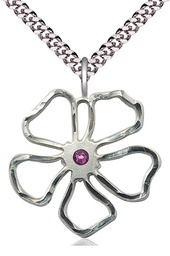 [5109SS-STN2/24S] Sterling Silver Five Petal Flower Pendant with a 3mm Amethyst Swarovski stone on a 24 inch Light Rhodium Heavy Curb chain