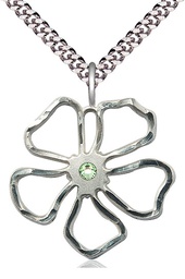 [5109SS-STN8/24S] Sterling Silver Five Petal Flower Pendant with a 3mm Peridot Swarovski stone on a 24 inch Light Rhodium Heavy Curb chain
