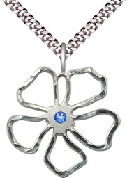 [5109SS-STN9/24S] Sterling Silver Five Petal Flower Pendant with a 3mm Sapphire Swarovski stone on a 24 inch Light Rhodium Heavy Curb chain