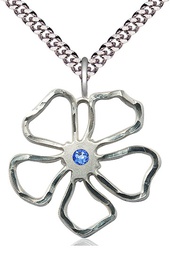 [5109SS-STN9/24S] Sterling Silver Five Petal Flower Pendant with a 3mm Sapphire Swarovski stone on a 24 inch Light Rhodium Heavy Curb chain