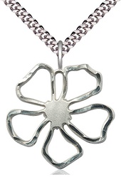 [5109SS/24S] Sterling Silver Five Petal Flower Pendant on a 24 inch Light Rhodium Heavy Curb chain