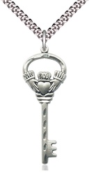 [5110SS/24S] Sterling Silver Key w/Claddagh Pendant on a 24 inch Light Rhodium Heavy Curb chain