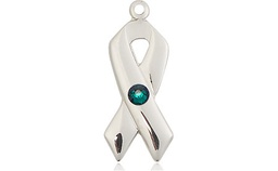 [5150SS-STN5] Sterling Silver Cancer Awareness Medal with a 3mm Emerald Swarovski stone
