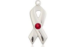 [5150SS-STN7] Sterling Silver Cancer Awareness Medal with a 3mm Ruby Swarovski stone
