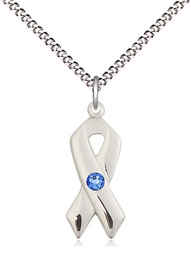 [5150SS-STN9/18S] Sterling Silver Cancer Awareness Pendant with a 3mm Sapphire Swarovski stone on a 18 inch Light Rhodium Light Curb chain