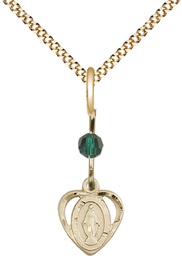 [5401EMGF/18G] 14kt Gold Filled Miraculous Pendant with a Emerald bead on a 18 inch Gold Plate Light Curb chain