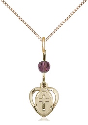 [5411AMGF/18GF] 14kt Gold Filled Heart Cross Pendant with an Amethyst bead on a 18 inch Gold Filled Light Curb chain