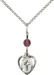 [5411AMSS/18SS] Sterling Silver Heart Cross Pendant with an Amethyst bead on a 18 inch Sterling Silver Light Curb chain
