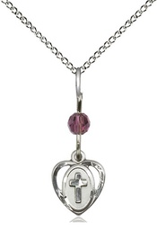 [5411AMSS/18SS] Sterling Silver Heart Cross Pendant with an Amethyst bead on a 18 inch Sterling Silver Light Curb chain