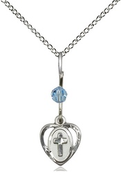 [5411AQSS/18SS] Sterling Silver Heart Cross Pendant with an Aqua bead on a 18 inch Sterling Silver Light Curb chain