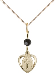 [5411BKGF/18GF] 14kt Gold Filled Heart Cross Pendant with a Black bead on a 18 inch Gold Filled Light Curb chain