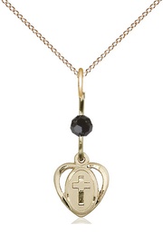 [5411BKGF/18GF] 14kt Gold Filled Heart Cross Pendant with a Black bead on a 18 inch Gold Filled Light Curb chain