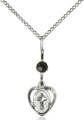 [5411BKSS/18SS] Sterling Silver Heart Cross Pendant with a Black bead on a 18 inch Sterling Silver Light Curb chain
