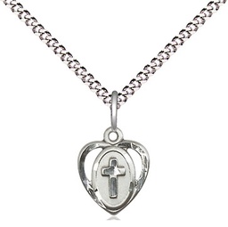 [5411CSS/18S] Sterling Silver Heart Cross Pendant with a Crystal bead on a 18 inch Light Rhodium Light Curb chain