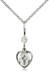 [5411CSS/18SS] Sterling Silver Heart Cross Pendant with a Crystal bead on a 18 inch Sterling Silver Light Curb chain