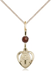 [5411GTGF/18GF] 14kt Gold Filled Heart Cross Pendant with a Garnet bead on a 18 inch Gold Filled Light Curb chain