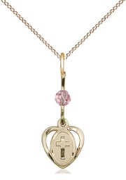 [5411LROGF/18GF] 14kt Gold Filled Heart Cross Pendant with a Light Rose bead on a 18 inch Gold Filled Light Curb chain