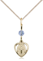 [5411LSAGF/18GF] 14kt Gold Filled Heart Cross Pendant with a Light Sapphire bead on a 18 inch Gold Filled Light Curb chain