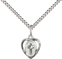 [5411LSASS/18S] Sterling Silver Heart Cross Pendant with a Light Sapphire bead on a 18 inch Light Rhodium Light Curb chain