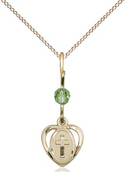 [5411PDGF/18GF] 14kt Gold Filled Heart Cross Pendant with a Peridot bead on a 18 inch Gold Filled Light Curb chain