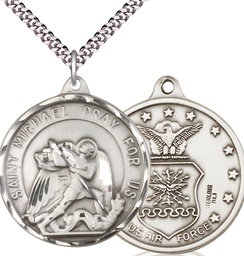 [0201SS1/24S] Sterling Silver Saint Michael Air Force Pendant on a 24 inch Light Rhodium Heavy Curb chain
