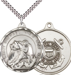 [0201SS3/24S] Sterling Silver Saint Michael Coast Guard Pendant on a 24 inch Light Rhodium Heavy Curb chain