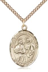 [7132GF/24GF] 14kt Gold Filled Saints Cosmas &amp; Damian Pendant on a 24 inch Gold Filled Heavy Curb chain