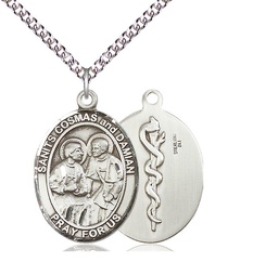 [7132SS8/24SS] Sterling Silver Saints Cosmas &amp; Damian Doctors Pendant on a 24 inch Sterling Silver Heavy Curb chain