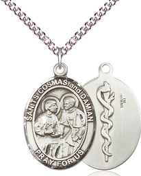 [7132SS8/24SS] Sterling Silver Saints Cosmas &amp; Damian Doctors Pendant on a 24 inch Sterling Silver Heavy Curb chain