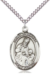 [7137SS/24SS] Sterling Silver Saint Ambrose Pendant on a 24 inch Sterling Silver Heavy Curb chain