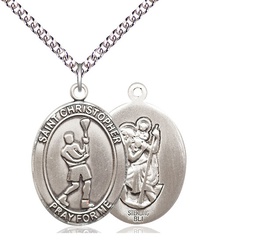 [7144SS/24SS] Sterling Silver Saint Christopher Lacrosse Pendant on a 24 inch Sterling Silver Heavy Curb chain
