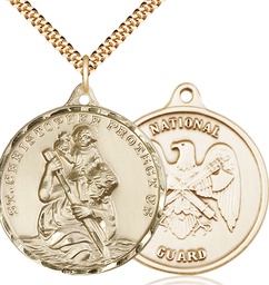 [0203GF5/24G] 14kt Gold Filled Saint Christopher National Guard Pendant on a 24 inch Gold Plate Heavy Curb chain
