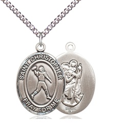 [7151SS/24SS] Sterling Silver Saint Christopher Football Pendant on a 24 inch Sterling Silver Heavy Curb chain