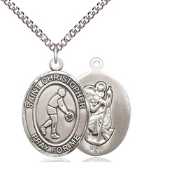 [7153SS/24SS] Sterling Silver Saint Christopher Basketball Pendant on a 24 inch Sterling Silver Heavy Curb chain