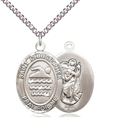[7157SS/24SS] Sterling Silver Saint Christopher Swimming Pendant on a 24 inch Sterling Silver Heavy Curb chain